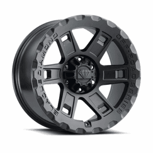 Black off-road wheel rim with rugged design and durable construction.