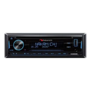 Car stereo head unit with digital display and control knobs, black and blue accents.