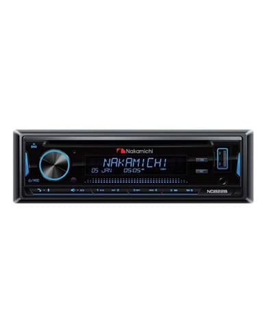Car stereo head unit with digital display and control knobs, black and blue accents.
