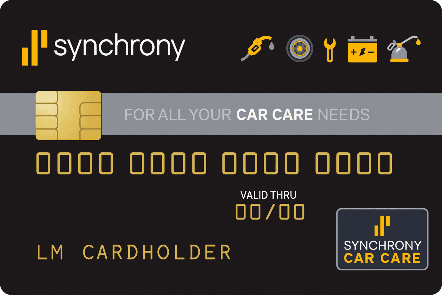 Contactless car care gift card with a black background, gold and gray elements, and car maintenance icons.