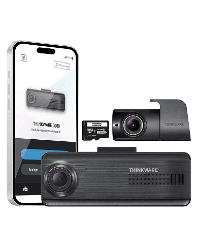 Compact dash camera system with mobile app connectivity and multiple filming angles.